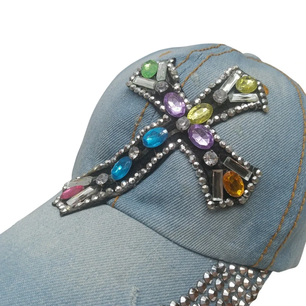 Women's Distressed Hat Blue Western Rhinestones Cross Accent Adjustable‎